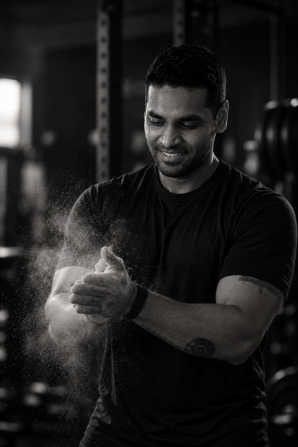 Advait chalking his hands before a heavy training session