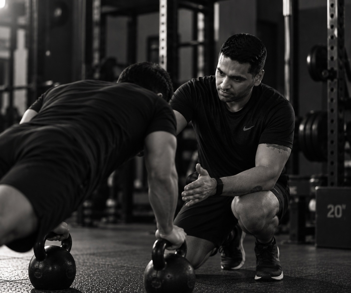 Advait coaching a client through a kettlebell exercise